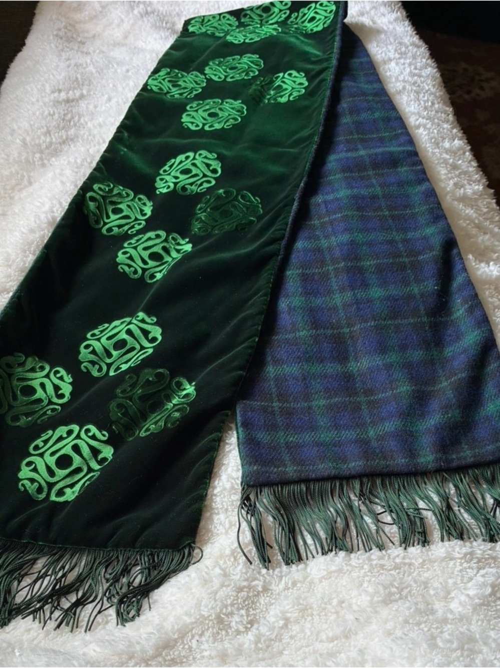 Handmade Embossed Irish Scarf, Velvet and tartan plaid Irish reversible scarf
